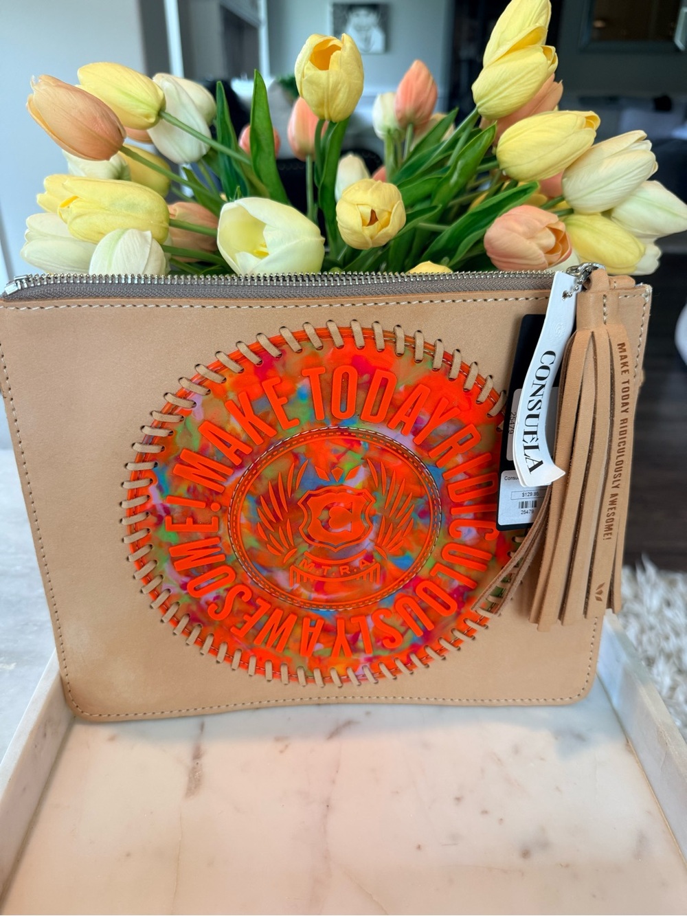 Consuela Tan Leather Zip Wristlet with Neon Multicolor Medallion NWT!